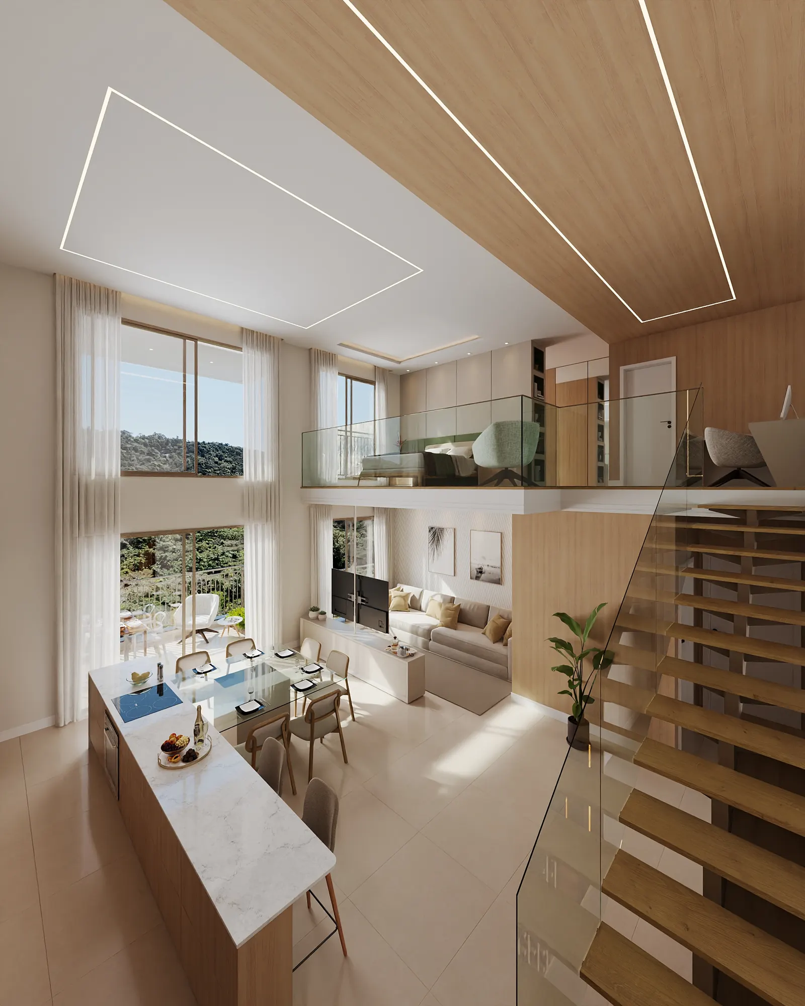Duplex com pé-direito duplo, mezanino, escada