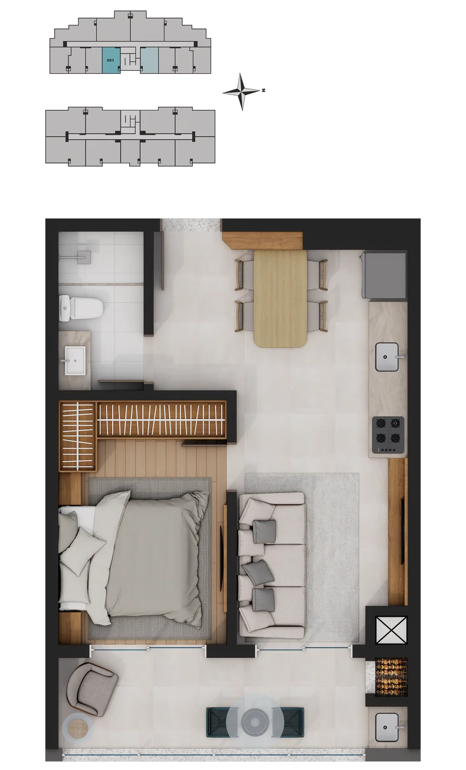 Planta humanizada: 1 dormitório, Apartamento 301 · Torre A