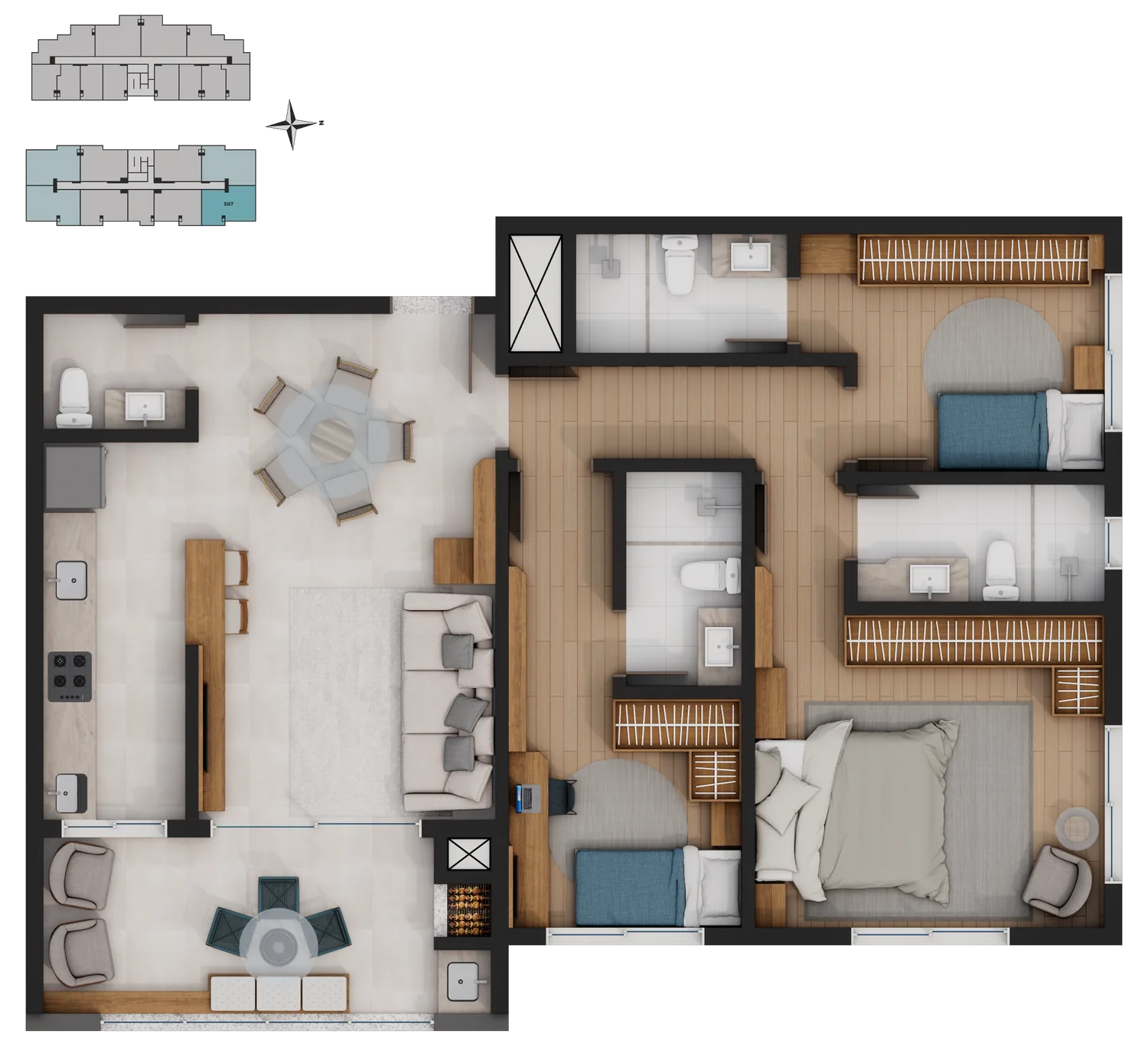 Planta humanizada: 3 suítes, Apartamento 307 · Torre B