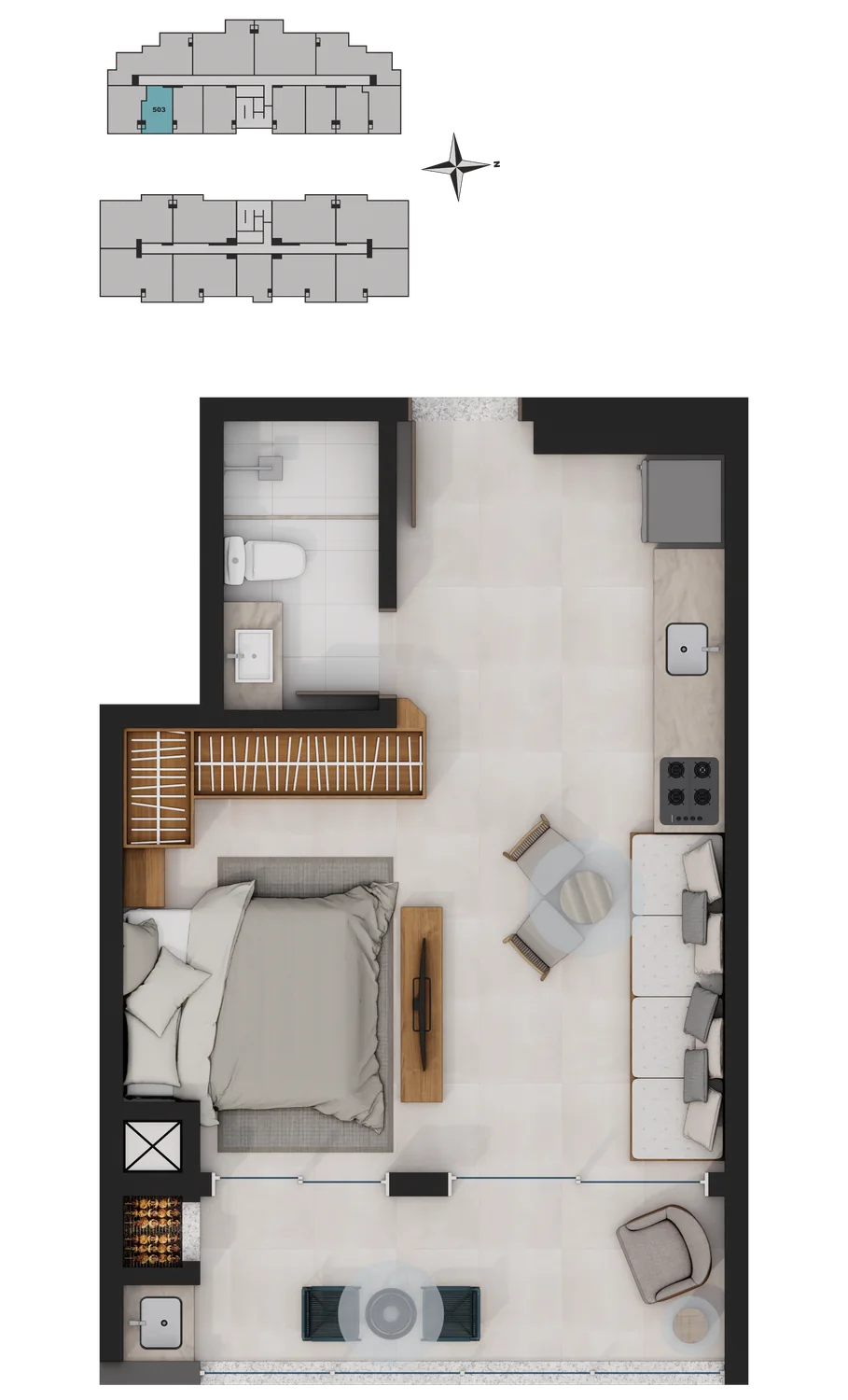 Planta humanizada: Studio, Apartamento 403 · Torre A